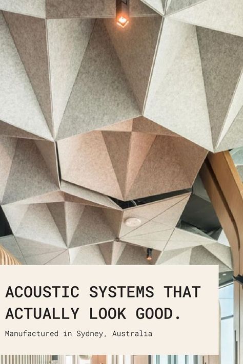 Acoustic Panels from Auralex Geometric acoustic ceiling panels with text: Acoustic systems that actually look good. Manufactured in Sydney, Australia. | Sky Rye Design Ceiling Sound Panels, Acoustic Room Divider, Triangle Interior Design, Recording Studio Design Ideas, Home Recording Studio Design, Acoustic Ceiling Design, Listening Bar, Felt Panels, Acoustic Architecture