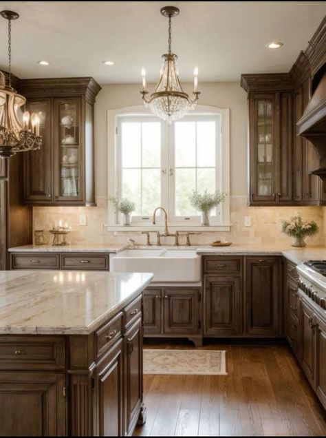 French Kitchen Ideas, Old Farmhouse Aesthetic, Mid Century Modern Kitchen Design, Dark Wood Kitchen Cabinets, Spring Decorating Ideas, Dark Wood Kitchens, Farmhouse Aesthetic, Brown Cabinets, Decorating Ideas For The Home