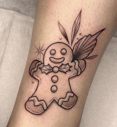 Christmas Themed Tattoos, Gingerbread Man Tattoo, Yule Tattoo, Gingerbread Tattoo, Christmas Tattoo Flash, Christmas Henna, Seasons Tattoo, Holiday Tattoos, Christmas Tattoos