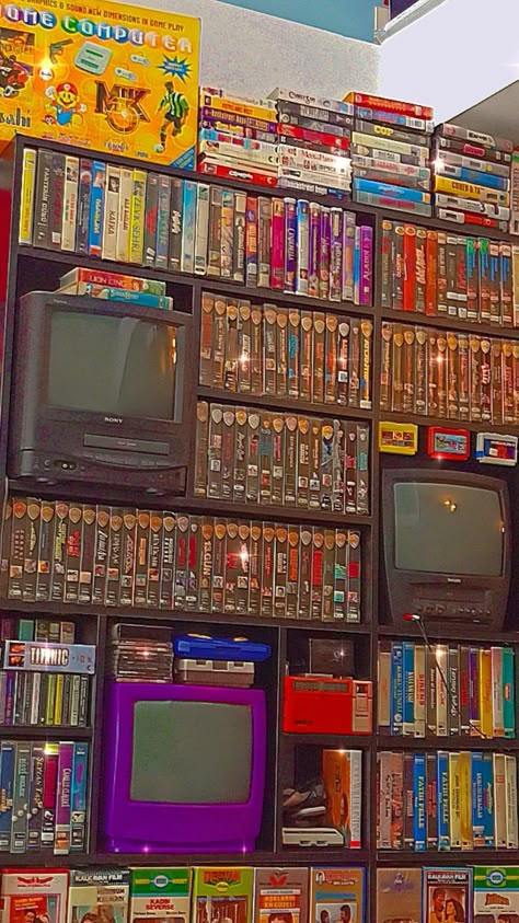 90s Nostalgia Aesthetic Wallpaper, Vintage Gaming Aesthetic, Video Rental Store Aesthetic, 80s Radio Station, Video Game Designer Aesthetic, Blockbuster Aesthetic, Vhs Room, Video Store Aesthetic, 90s Arcade Aesthetic