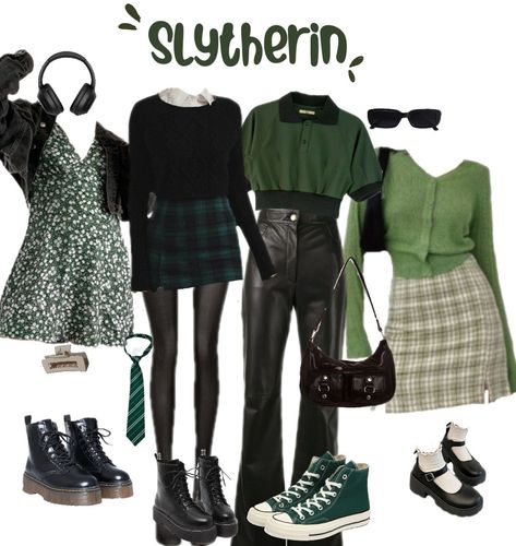 #slytherinoutfit #slytherinstyle #slytherin #harrypotter Slytherin Scarf Aesthetic, Slytherin Spring Outfit, Draco Inspired Outfits, Slytherin Capsule Wardrobe, Slytherin Clothing Aesthetic, Paranormal Aesthetic Outfits, Harry Potter Inspired Outfits Slytherin, Harry Potter Outfit Ideas Slytherin, Slytherin Summer Outfit