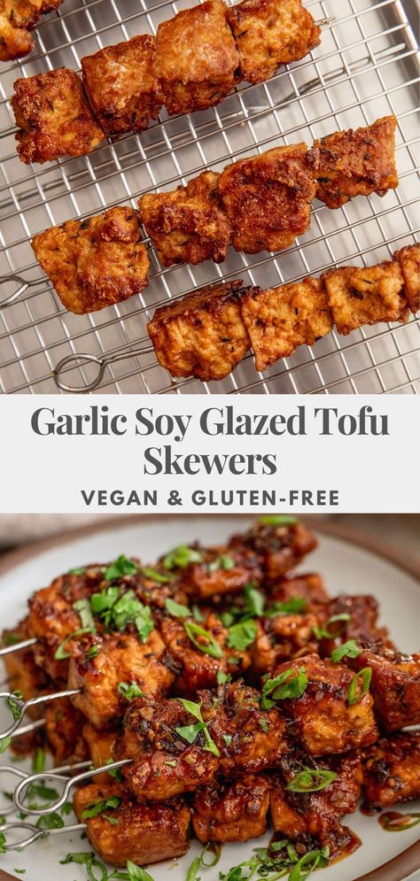 These Garlic Soy Glazed Tofu Skewers get crisp around the edges and are accompanied with a sweet and savory sauce glazed on top. Easy to make with simple ingredients. Vegetarian Skewers, Tofu Skewers, Glazed Tofu, 30 Minute Meals Easy, Marinated Tofu, Skewer Recipes, Vegan Lunches, Savory Sauce, No Dairy Recipes