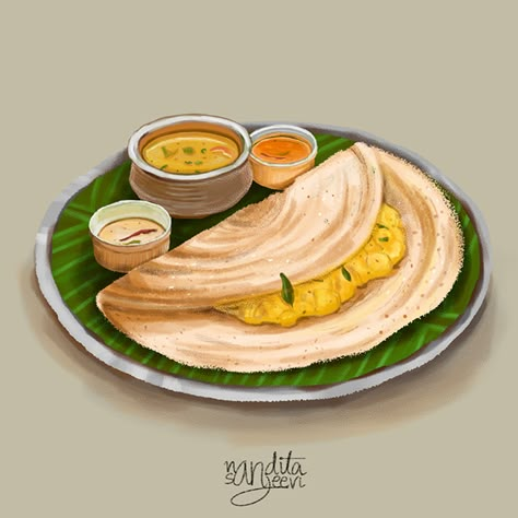 Food Illustration on Behance Dosa Illustration Art, Dosa Painting, South Indian Food Illustration, Dosa Illustration, Dosa Drawing, Indian Food Drawing, Indian Food Illustration, Foodie Drawing, Indian Food Art