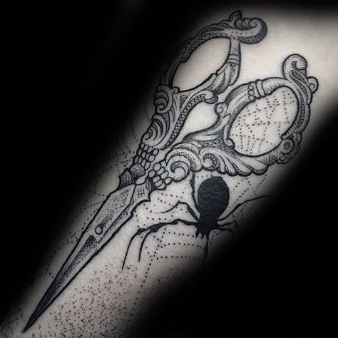 70 Scissors Tattoo Designs For Men - Sharp Ink Ideas Cosmetology Tattoos, Sewing Tattoo, Shears Tattoo, Hairdresser Tattoos, Hairstylist Tattoos, Sewing Tattoos, Goth Tattoo, Spider Tattoo, Creepy Tattoos