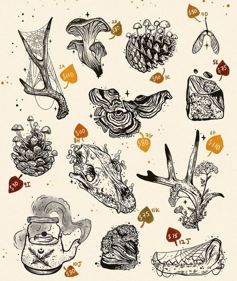 Engraving Tattoo, Funky Tattoos, Bone Tattoos, Mushroom Tattoos, Flash Tattoo Designs, Flash Sheet, Spooky Tattoos, Tattoo Portfolio, 1 Tattoo