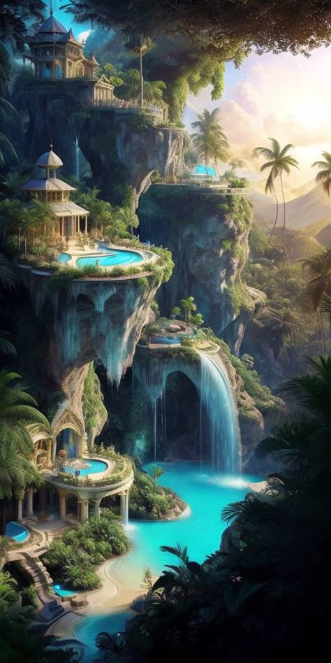 Fantasy Beach Village, Fantasy Island Aesthetic, Fantasy Tropical Island, Mythical Island, Fantasy Ocean, Fantasy Beach, Wallpaper Pack, Serene Nature, Fantasy Island