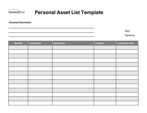 This personal asset list template is the perfect tool to use for tracking all personal assets. It’s free to use, customize, or download. List Template, Business Template