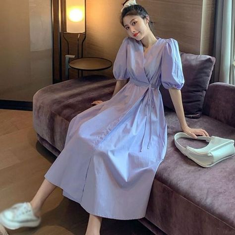 Korean Fashion Dress, Girls Sweet, Lilac Dress, French Style, Stylish Dresses, Classy Outfits, Puff Sleeve, Long Dress, Designer Dresses