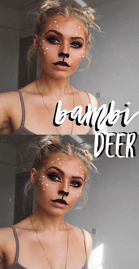 if you want a cute Halloween costume i love this deer makeup tutorial I did on youtube inspired by bambi, space buns too! Enjoy! bambi halloween tutorial, deer makeup tutorial, deer makeup, bambi makeup Bambi Halloween, Deer Halloween Makeup, Bambi Makeup, Deer Makeup Tutorial, Deer Halloween Costumes, Deer Halloween, Makeup Space, Makeup Zombie, Fox Makeup