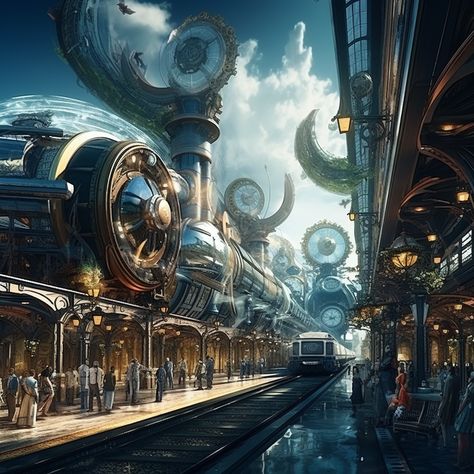 Fantasy Train Station, Fantasy Train, Space Train, Different Time Periods, Train Conductor, Old Train Station, Time Periods, Old Train, Futuristic Art