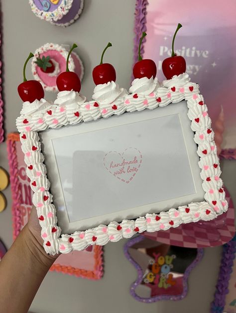 Capture the spirit of Valentine's Day with this charming cake picture frame, adorned with cherries on top. Whether you prefer it in a vertical or horizontal orientation, simply specify your choice in the notes by mentioning "vertical" or "horizontal" to customize it to your liking. Cake Style, Heart Sprinkles, Fake Cake, Fashion Cakes, Cake Pictures, Cherry On Top, Valentines Day Hearts, Grocery List, Food App