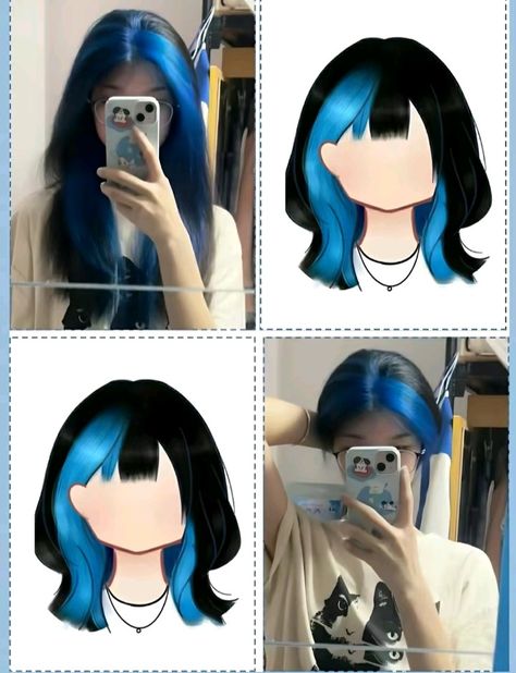 Cool Japanese Hair Color, Anime Inspired Hair Color, Hair Color Placement Ideas, Hair Dye Placement Ideas, Blue Hair Bangs, Blue Hair Tips, Halo Hair Dye, Hair Color Placement, Two Color Hair