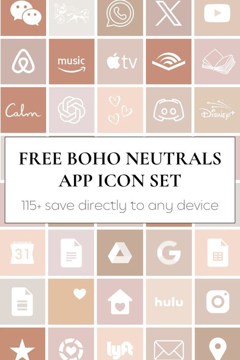 115+ Free Boho Aesthetic App Icons in neutral shades of tan and pink! The perfect neutral app icon aesthetic for your phone, iPad and devices! Boho Aesthetic App Icons, Bohemian Icons, Boho Icons, Boho Fonts, Christmas Fonts Free, Aesthetic App Icons, Holiday Fonts, Business Fonts, Phone Layouts