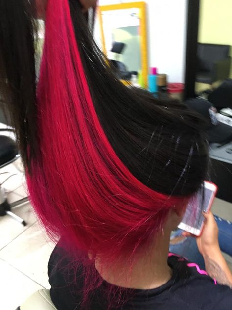 Spice Up Your Hair: Gorgeous Red Highlights Bright Red Peekaboo Hair, Pink Hair Underneath Black, Under Hair Dye Ideas, Black Hair With Pink Underneath, Black Hair With Red Underneath, Red Underneath Hair, Hot Pink Peekaboo Hair, Pink Hair Underneath, Red Underdye Hair