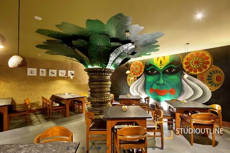 Wall Mural Is a Major Highlight in South Indian Restaurant | StudioOutline - The Architects Diary South Indian Restaurant Interior Design, Restraunt Ideas, Restaurant Interior Design Creative, Indian Cafe, South Indian Restaurant, Interior Design Hotel, Interior Decoration Ideas, Restaurant Indian, Indian Interior Design