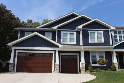 Hardie Deep Ocean Lap, Panel & Shingle Siding | Kirkwood, MO Hardie Board Siding Colors, Hardie Shingle Siding, James Hardie Siding Colors, Craftsman Home Exterior, Blue Siding, Ranch House Remodel, James Hardie Siding, Colorado Style, Shake Siding