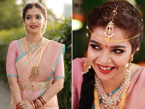 Swathi Reddy and Vikas | Hyderabad Weddings | WeddingSutra Swathi Reddy Marriage, Simple Telugu Bride, Pink Bridal Saree, Indian Bride Saree, Kasula Haram, Swathi Reddy, South Indian Bride Jewellery, Marriage Makeup, Celebrity Brides