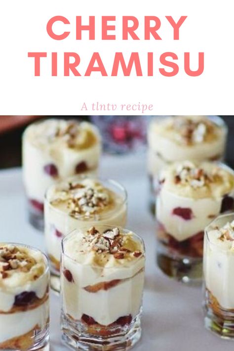 A delicious twist on a classic recipe, Cherry Tiramisu. #dessertrecipes #easyrecipes #easydessertrecipes #italianrecipes #italiandessert Cherry Tiramisu Recipe, Cherry Tiramisu, Gino D'acampo Recipes, Italian Dessert, Tiramisu Recipe, Italian Desserts, Yummy Desserts, Trifle, Classic Food