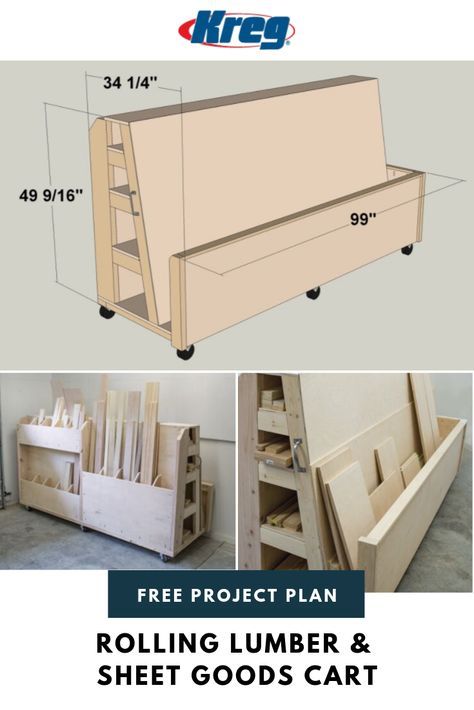 Finding a place to store lumber and sheet goods can be challenging. This lumber cart keeps them all organized with shelves to store long boards, upright bins for shorter pieces, and a large area to hold sheet goods. Plus, the cart rolls, so you can push it wherever you need to in your work space. Click Pin for the free project plan! Mobile Wood Storage Cart, Plywood Cart, Diy Lumber Storage, Scrap Wood Storage, Lumber Cart, Lumber Storage Rack, Wood Cart, Plywood Storage, Lumber Rack