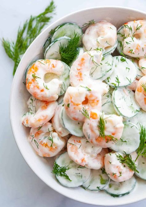 Cucumber Shrimp Salad - Kitchen Skip Shrimp And Cucumber, Cucumber Shrimp, Cooking Raw Shrimp, Creamy Dill Dressing, Cold Shrimp, Salmon Dip Recipes, Ways To Cook Shrimp, Lemon Garlic Shrimp Pasta, Shrimp Scampi Pasta