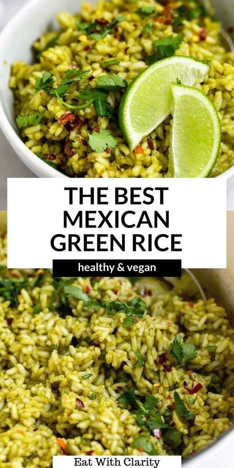 This Mexican green rice recipe is a simple one pot dish that's perfect for tacos, burritos, buddha bowls and more. This vegan green rice recipe is flavorful with fresh herbs and even freezer friendly. #greenrice #rice Green Rice Recipe, Grain Dishes, Rice Side Dish Recipes, Mexican Rice Recipes, Vegetarian Chicken, Rice Side, Green Rice, Tacos Burritos, Vegetarian Foods