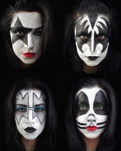 Da Girls! Kiss Halloween Costumes Diy, Kiss Inspired Makeup, Kiss Costume Women, Metal Halloween Costume, Kiss Band Costume, Kiss Face Paint, Kiss Band Makeup, Rock Band Costumes, Kiss Halloween Costumes