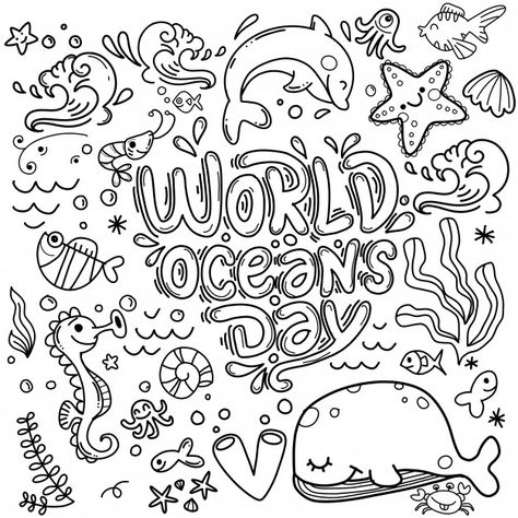 Ocean animal and plant doodle world's oc... | Premium Vector #Freepik #vector #water #nature #sea #fish Doodle Art Ocean Theme, Ocean Doodle Art, Doodle Art Ocean, Water Doodle Art, Under The Sea Doodles, Water Doodles, Doodle Ocean, Ocean Doodles, Motivational Coloring Pages