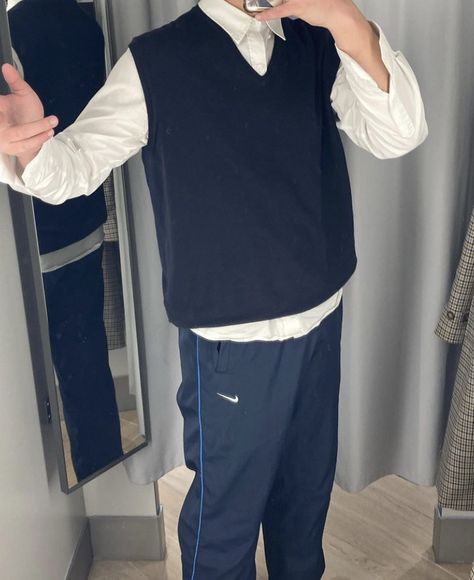 Dark Blue Outfit Men, Blue Nike Track Pants, Vocaloid Outfits, Vest Styling, Sunshine Outfit, Blue Outfit Men, Blue And White Outfits, Black Collared Shirt, Black Outfit Men