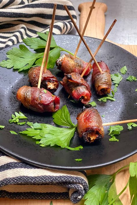 Devils On Horseback l Panning The Globe Stuffed Prunes, Devils On Horseback Recipe, Devils On Horseback, Tapas Recipes, Amazing Appetizers, Party Appetizer, Cheese Stuffed, On Horseback, Bacon Wrapped