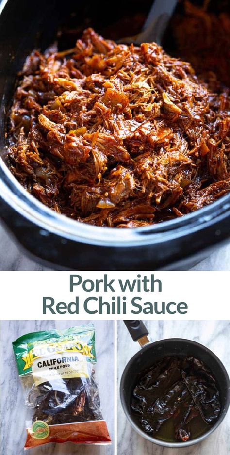 Roasted Red Chili Paste Recipes, Pork In Red Sauce Mexican, Red Chili Pork, Red Chili Recipes, Pork Tacos Crockpot, Chili Paste Recipe, Pulled Pork Sauce, Pork Burritos, Chili Pork