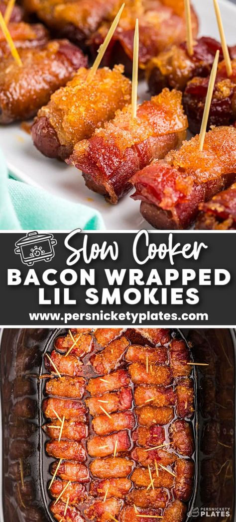 Bacon Wrapped Little Smokies are a crowd favorite and the best part is, you only need FOUR ingredients to make this easy appetizer in the crock pot. Lol Smokies Wrapped In Bacon, Crock Pot Bacon Wrapped Smokies, Lol Smokies Crockpot, Crockpot Bacon Wrapped Smokies, Bacon Wrapped Smokies In Crock Pot, Best Little Smokies Crockpot, Bacon Wrapped Smokies Crockpot, Crock Pot Appetizers For A Crowd, Crockpot Smokies