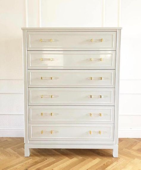 Bridget Tall Glossy White Acrylic Pulls Dresser White And Gold Dresser, Tall White Dresser, White 6 Drawer Dresser, Dresser Refinish, Diy Dresser Makeover, Gold Dresser, White Shiplap Wall, Wide Dresser, Tall Dresser