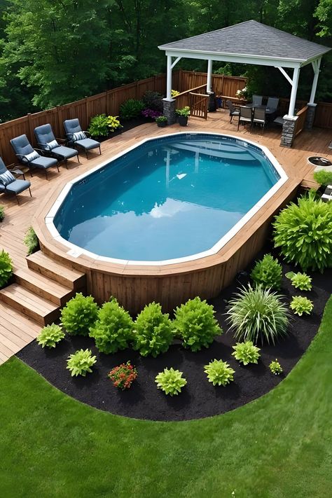 Oasis Backyard Ideas On A Budget, Beautiful Above Ground Pool, Above Ground Pool With Patio, Above Ground Pool Oasis, Affordable Pool Ideas Backyard, Above Ground Pool Ideas On A Budget, In Ground Pools Backyard, Backyard With Above Ground Pool, Above Ground Pool Ideas On A Budget Diy