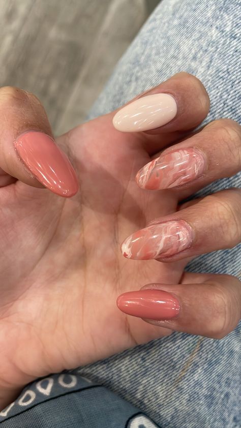 Peach Pink Nails Design, Peach Marble Nails, Mail Ideas Acrylic Almond, Peach And Pink Nails, Neutral Marble Nails, Pink Peach Nails, Pink Nails Acrylic Almond, Peach Pink Nails, Pink Marble Nail Designs