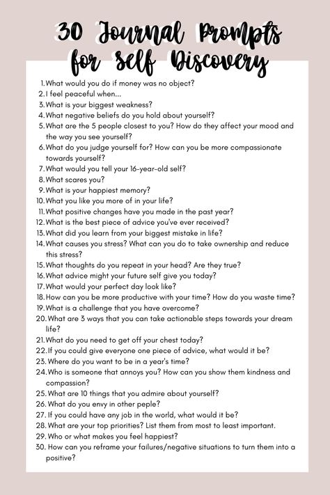 30 Journal Prompts for Self-Discovery 30 Questions For Self Discovery, Journal For Self Love, Journal For Self Discovery, About Me Journal Prompts, Writing Prompts For Self Discovery, Journalism Prompts, Journaling Prompts For Self Discovery, May Journal Prompts, Self Discovery Prompts