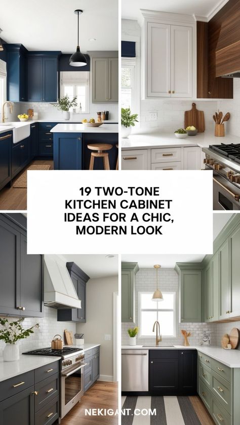 Want a chic kitchen makeover? Check out these 19 two-tone cabinet color combinations that create depth, style, and a designer feel in any space. #KitchenUpgrades #HomeRenovation #TwoToneCabinets #KitchenGoals #DesignInspo Two Toned Painted Kitchen Cabinets, Dual Kitchen Cabinet Colors, 2 Colored Kitchen Cabinets, Colors For Cabinets Kitchen, Kitchen Design Color Scheme, Two Toned Cabinets Kitchen, Kitchen 2 Colors, Kitchen Remodel Colors Schemes, 2025 Kitchen Cabinet Trends Color