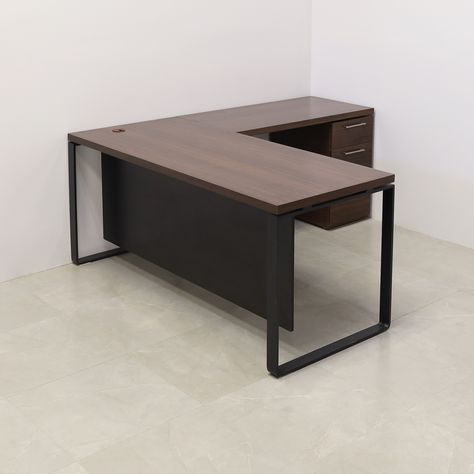 Introducing the Aspen L-Shape Executive Desk With Laminate Top. This classic desk is spacious and perfect for any office space. Is built to last with plywood and MDF covered by the durable laminate of your choice. His aluminum legs make it look professional and perfect for your workspace. You can add a built-in storage in the return section so you could have your workspace clean. Handmade in our warehouse this desk make a reliable addition to any space. Built with combination of commercial plywo L Shaped Wood Desk, Office Furniture Layout, L Shaped Office Desk, L Shaped Executive Desk, Office Table Design, Classic Desk, Metal Furniture Design, Privacy Panels, L Shaped Desk