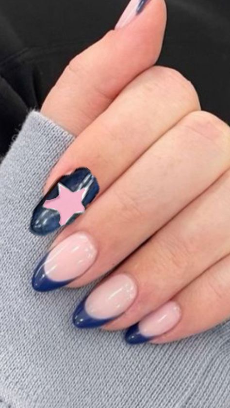 Pink And Navy Nails, Navy Nails, Navy Blue Nails, Baby Pink Nails, Dark Nails, Birthday Nails, Blue Star, Blue Nails, Pink Nails