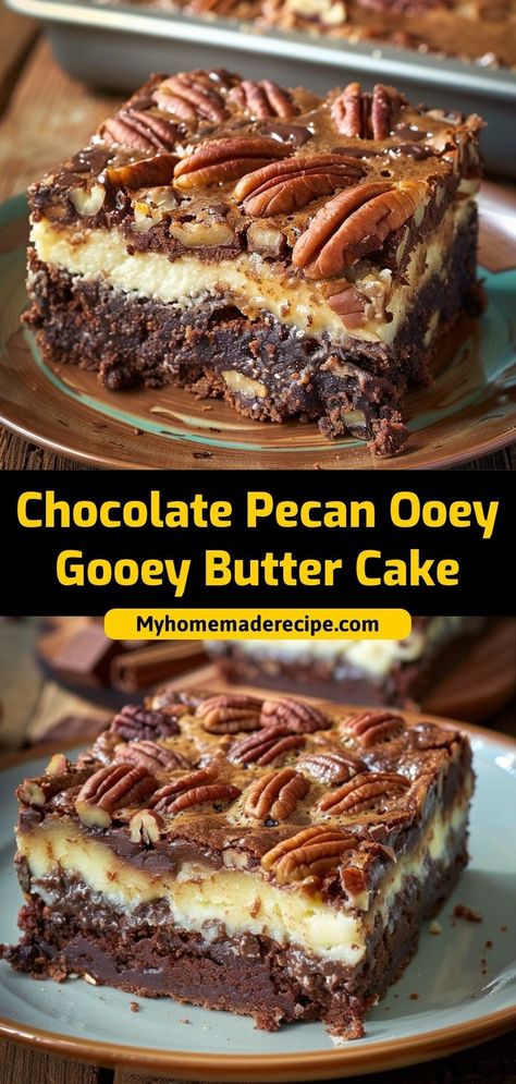 This chocolate pecan ooey gooey butter cake is rich, fudgy, and filled with pecans. A decadent dessert for chocolate lovers! Ingredients: 1 box chocolate cake mix 8 oz cream cheese 1 cup pecans, chopped 1 cup powdered sugar Enjoy this gooey butter cake for a rich, chocolatey dessert with a nutty twist Chocolate Pecan Gooey Butter Cake, Chocolate Pecan Poet Gooey Butter Cake, Turtle Gooey Butter Cake, Chocolate Peanut Butter Ooey Gooey Butter Cake, Chocolate Pecan Dream Cake, Sweet Potato Ooey Gooey Cake, Ooie Gooie Butter Cake, Brownie Pecan Pie Ooey Gooey Butter Cake, Paula Deen Ooey Gooey Butter Cake