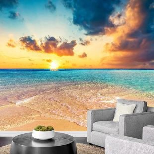 Sunset Mural, Large Wall Murals, Island Sunset, Dorm Room Diy, Beach Artwork, Animal Print Wallpaper, Beach Blue, Beach Scene, Decoration Inspiration