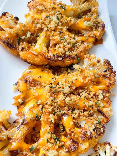 Baked Cheesy Cauliflower Steaks Cauliflower Steaks Baked, Cheesy Cauliflower Steaks Roasted, Cheesy Cauliflower Steaks, Smoked Cauliflower Steaks, Baked Cheesy Cauliflower Whole Head, Bbq Cauliflower, Cauliflower Steaks Recipes, Gluten Free Panko, Steak In Oven