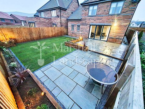 Pontefract (Garden Landscaping Project 133) Split Level Patio Ideas, Split Level Patio, Split Garden Ideas, Half Patio Half Grass Garden, Tiered Patio, L Shaped Garden Ideas Layout, Split Level Garden Ideas, Garden Split Level Ideas, Upwards Sloping Garden