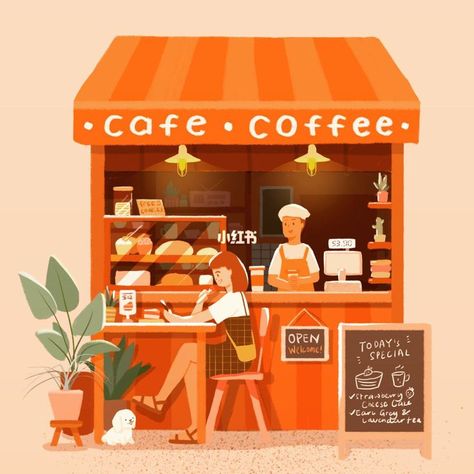 Gift Shop Illustration, Restaurant Illustration Drawing, Stall Illustration, Coffee Shop Illustration, Bakery Illustration, Deli Cafe, Smoothie Shop, Container Cafe, Wedding Welcome Board