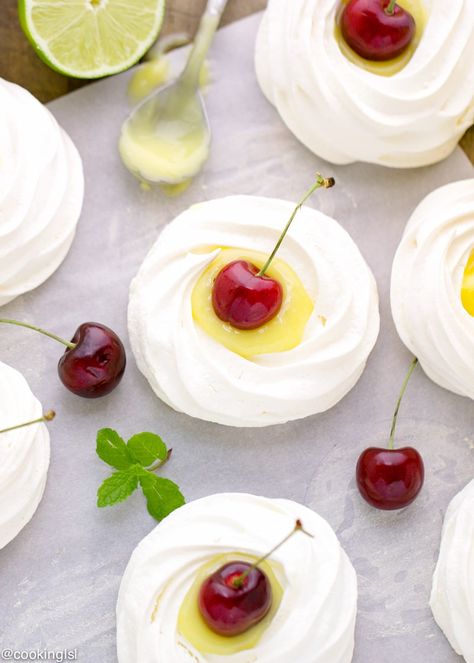 Meringue Nests With Lime Curd And Cherries Meringue Nests, Lime Mojito, Meringue Pies, Ruffled Apron, Meringue Cookie Recipe, Mini Meringues, Baked Meringue, Pavlova Cake, Lime Curd