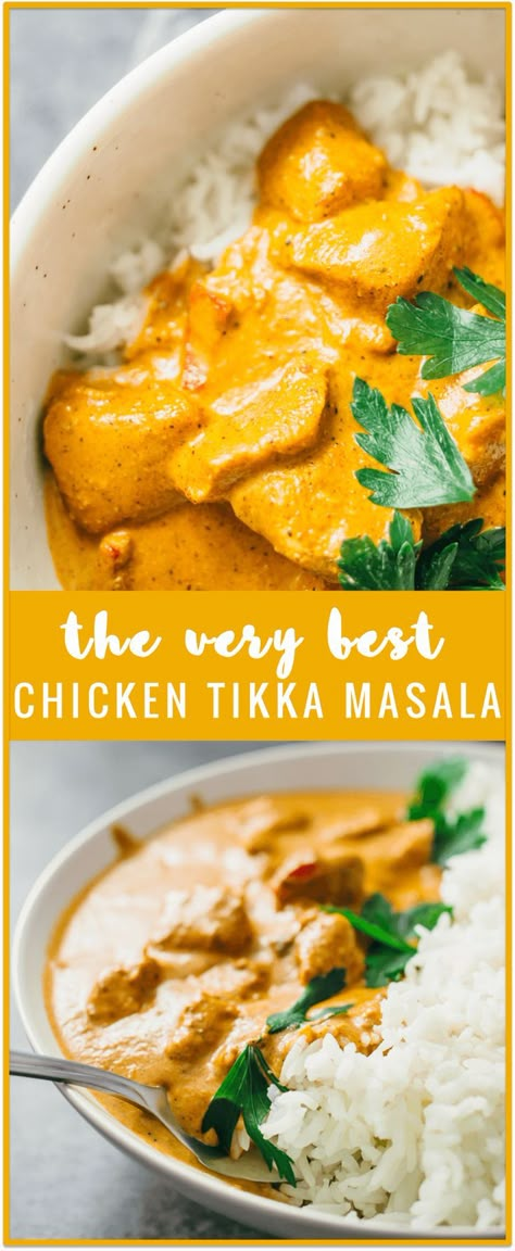 Best chicken tikka masala - I’m in love with this chicken tikka masala recipe — it’s restaurant quality, made from scratch, and easy to make. It’s relatively quick to make as well; most of the time is spent marinating the chicken and only 20 minutes is spent simmering the sauce on the stove. If chicken tikka masala is your go-to dish to order at Indian restaurants, then you’ve got to try this! - savorytooth.com Chicken Tikka Masala Recipes, Tikka Masala Recipe, Aloo Gobi, Vindaloo, Chicken Masala, Chicken Tikka Masala, Masala Recipe, Chicken Meals, God Mat