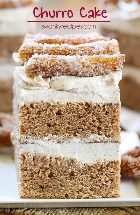 Churro Ice Cream Cake, Mexican Inspired Cake Flavors, Churro Cake Recipe Easy, Churro Cake With Box Cake, Churro Cake Recipe, Churro Desserts, Charro Cake, Churro Cake, Churro Cupcakes