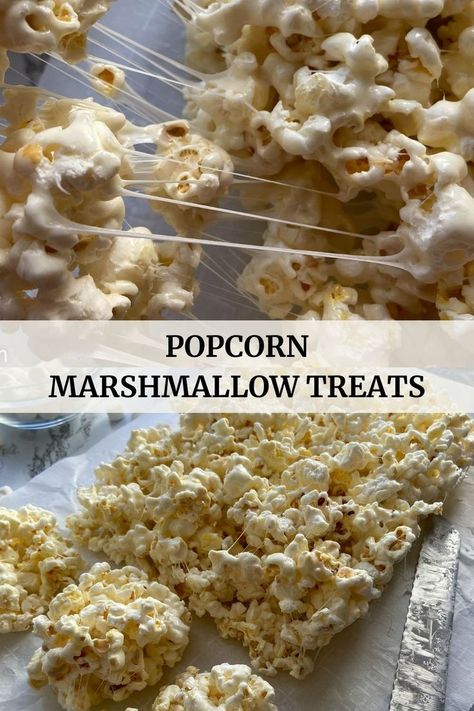 Popcorn marshmallow treats, strings of melted marshmallows, how to make popcorn marshmallow treats, popcorn marshmallow treats cut into squares. Popcorn Rice Krispy Treats, Marshmallow And Popcorn, Popcorn Rice Krispie Treats, Rice Krispie Popcorn, Rice Crispy Popcorn, Sticky Popcorn Marshmallows, Marshmallow Popcorn Bark, Popcorn Krispie Treats, Popcorn Crispy Treats