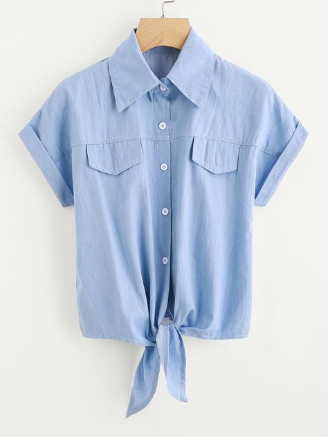 Fashion Tops Blouse, Trendy Fashion Tops, Shirt Cuff, Girls Summer Outfits, Dressy Tops, Girls Fashion Clothes, Teenage Fashion Outfits, Teen Fashion Outfits, Denim Top