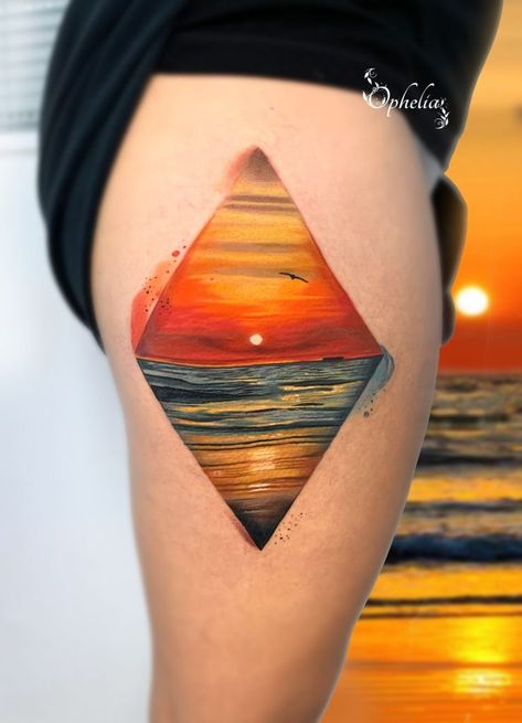 Realistic Sunset Tattoo, Sunset Over Water Tattoo, Sunset Ocean Tattoo, Hyper Realistic Tattoo, Sunset Tattoos, Goth Tattoo, Water Tattoo, Shape Tattoo, Landscape Tattoo