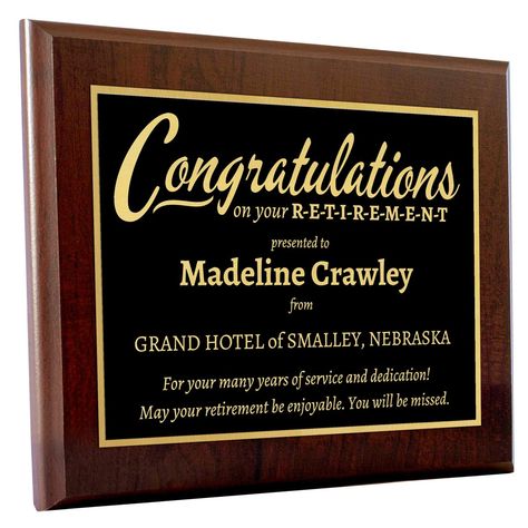 PRICES MAY VARY. Our congratulatory retirement award plaque is a beautiful way to show your appreciation to retiring employees, co-workers, and staff. We've made it easy to design! Just fill in the recipient name and your company name. We have a prewritten message of well wishes, but you can change that to your custom message if you would like. Select from 3 different styles including glass and wood with aluminum. Retirement Plaque, Retirement Plaques, Plaque Design, Award Plaque, Well Wishes, Grand Hotel, Company Names, Personal Message, Hard Work